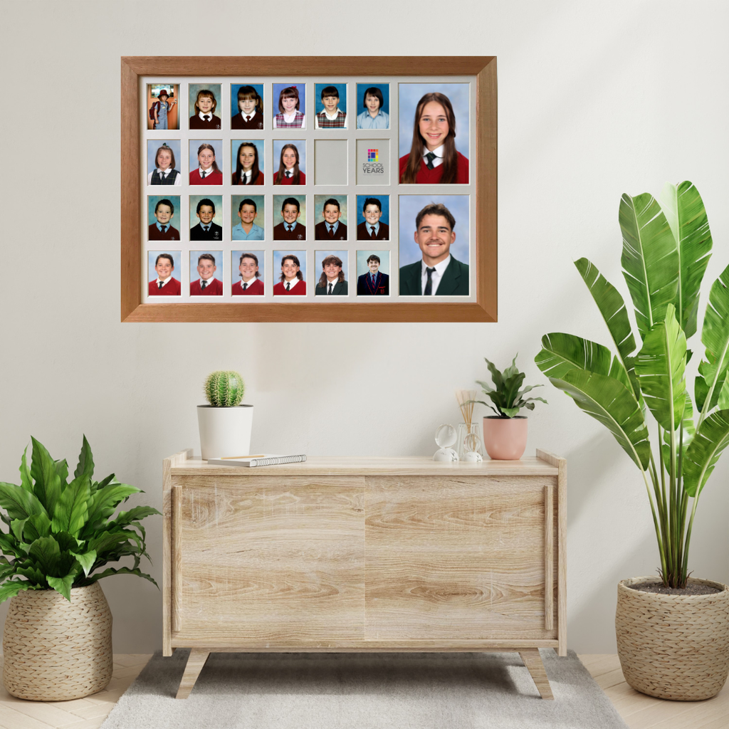 Double 13 spaces school years photo frame in oak, Australian made, 2 children Reception to Year 12
