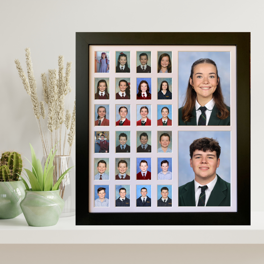 Double small school years photo frame in black, Australian made, 2 children Reception to Year 12