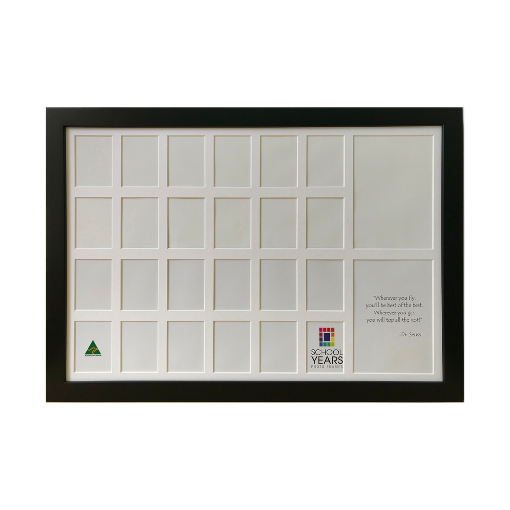 Double 13 spaces school years photo frame in black, Australian made, 2 children Reception to Year 12