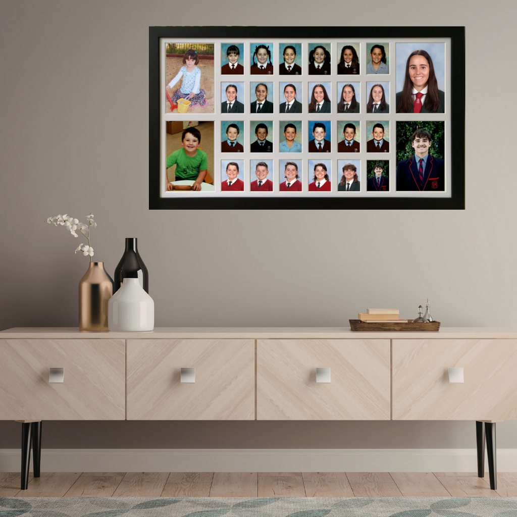 Double School Years Photo Frame displaying two children's school photos from Pre-School to Year 12 with large Pre-School and graduation portrait openings