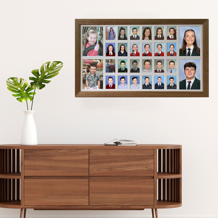 Double large school years photo frame in oak, Australian made, 2 children Kindy to Year 12