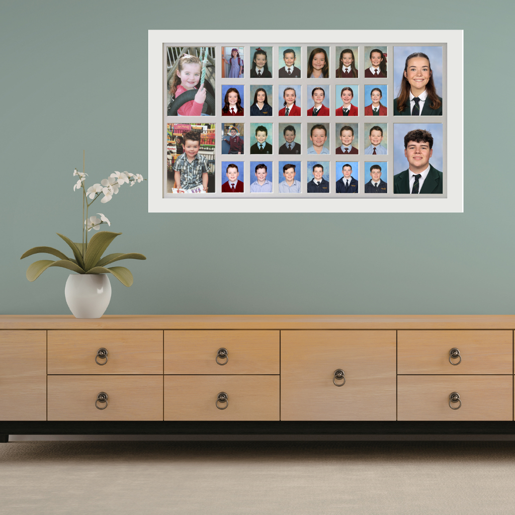 Double large school years photo frame in white, Australian made, 2 children Kindy to Year 12