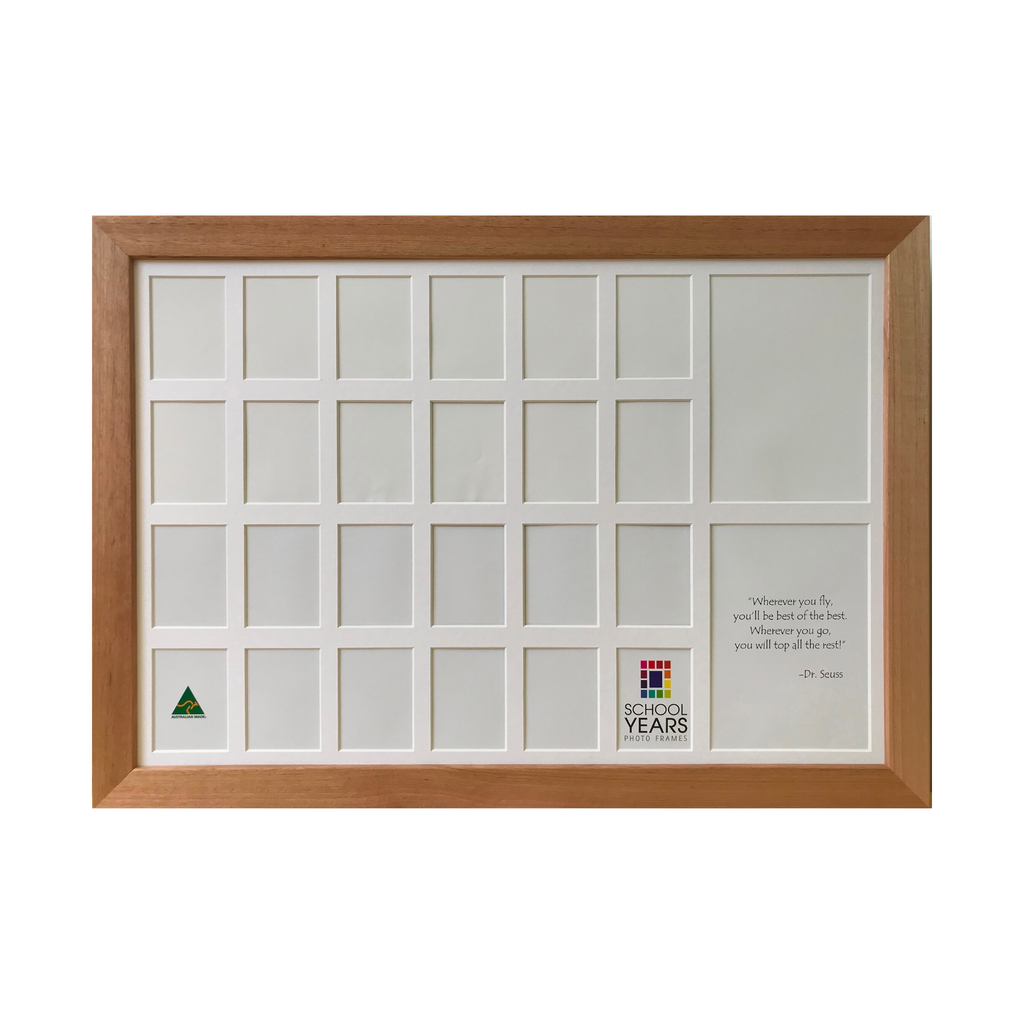 Double 13 spaces school years photo frame in oak, Australian made, 2 children Reception to Year 12