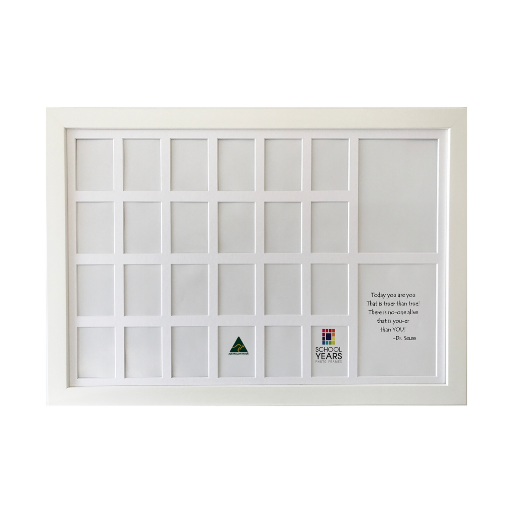 Double 13 spaces school years photo frame in white, Australian made, 2 children Reception to Year 12