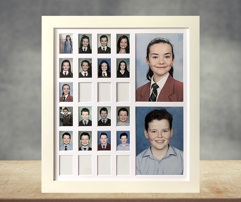Double small school years photo frame in white, Australian made, 2 children Reception to Year 12