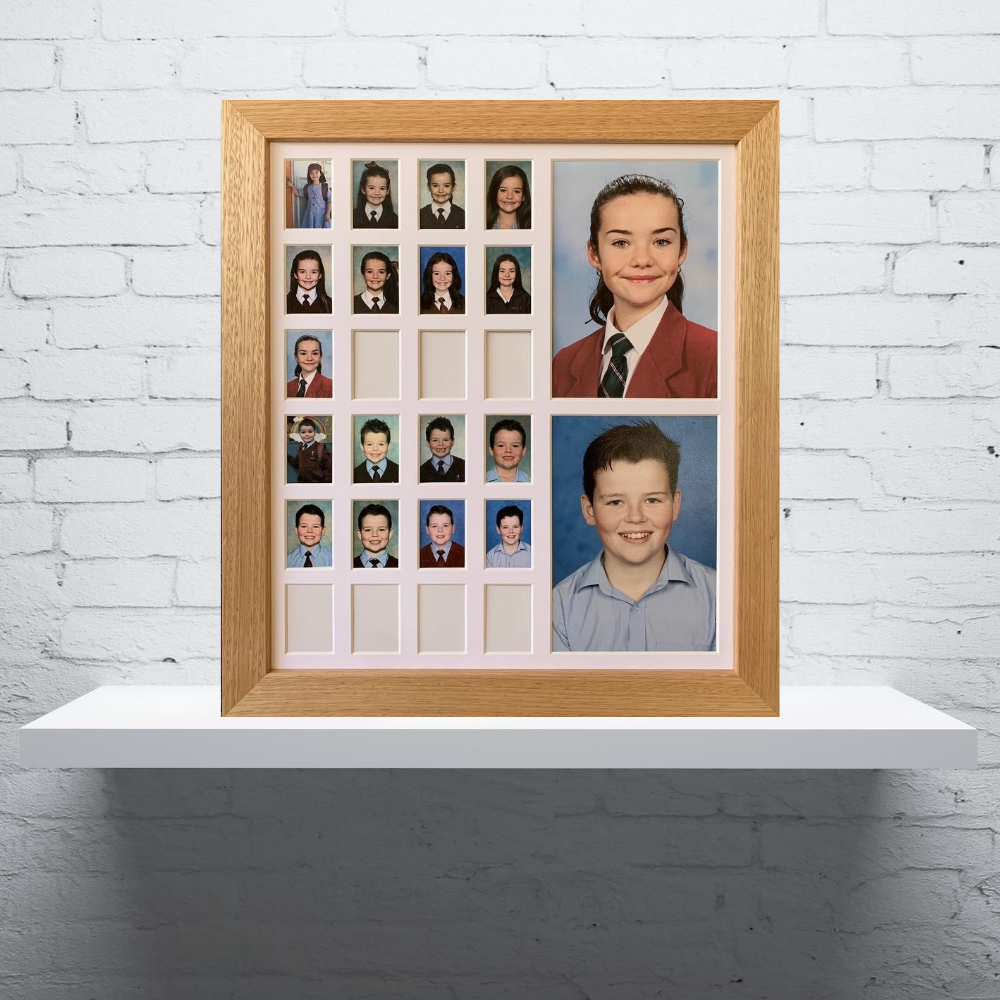 Double small school years photo frame in oak, Australian made, 2 children Reception to Year 12