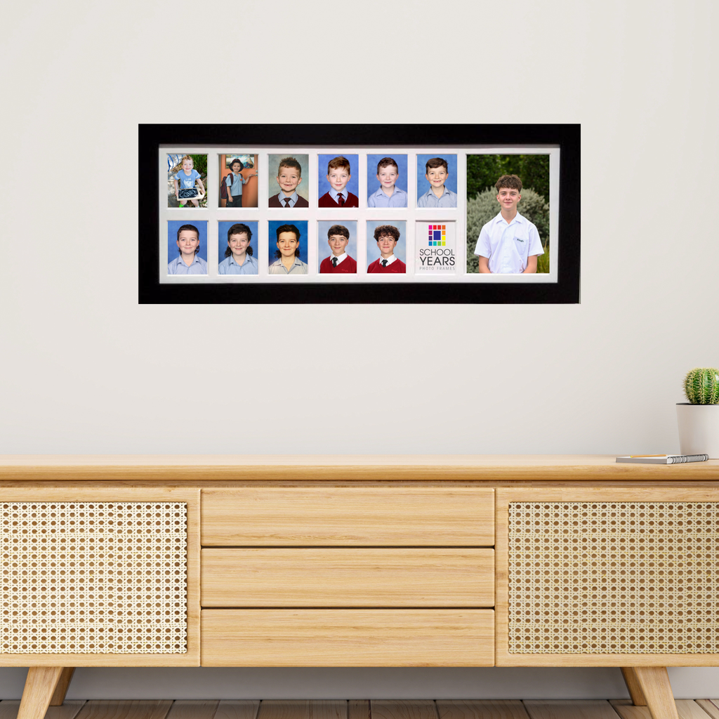 black landscape school years photo frames with 13 photo spaces on the wall
