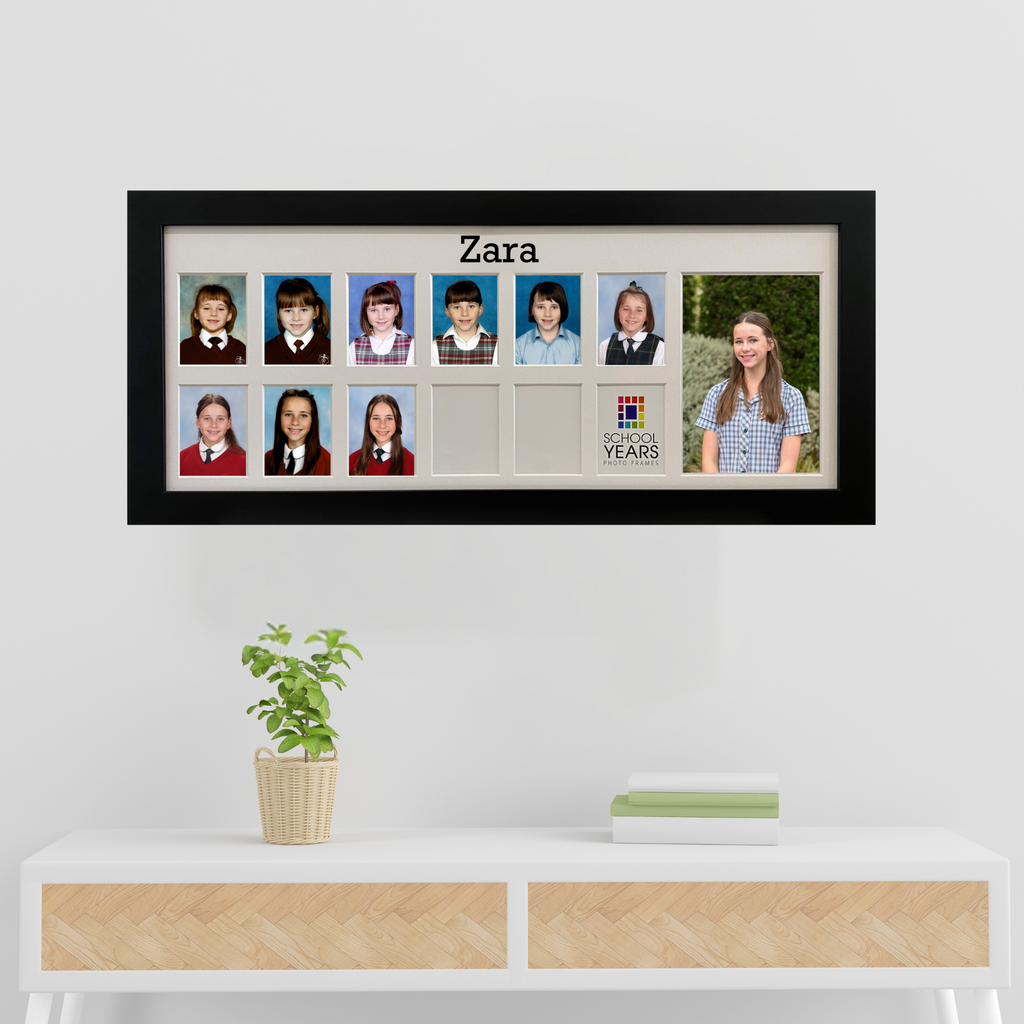 Personalised large landscape school years photo frame displaying Reception to Year 12 school photos with graduation portrait