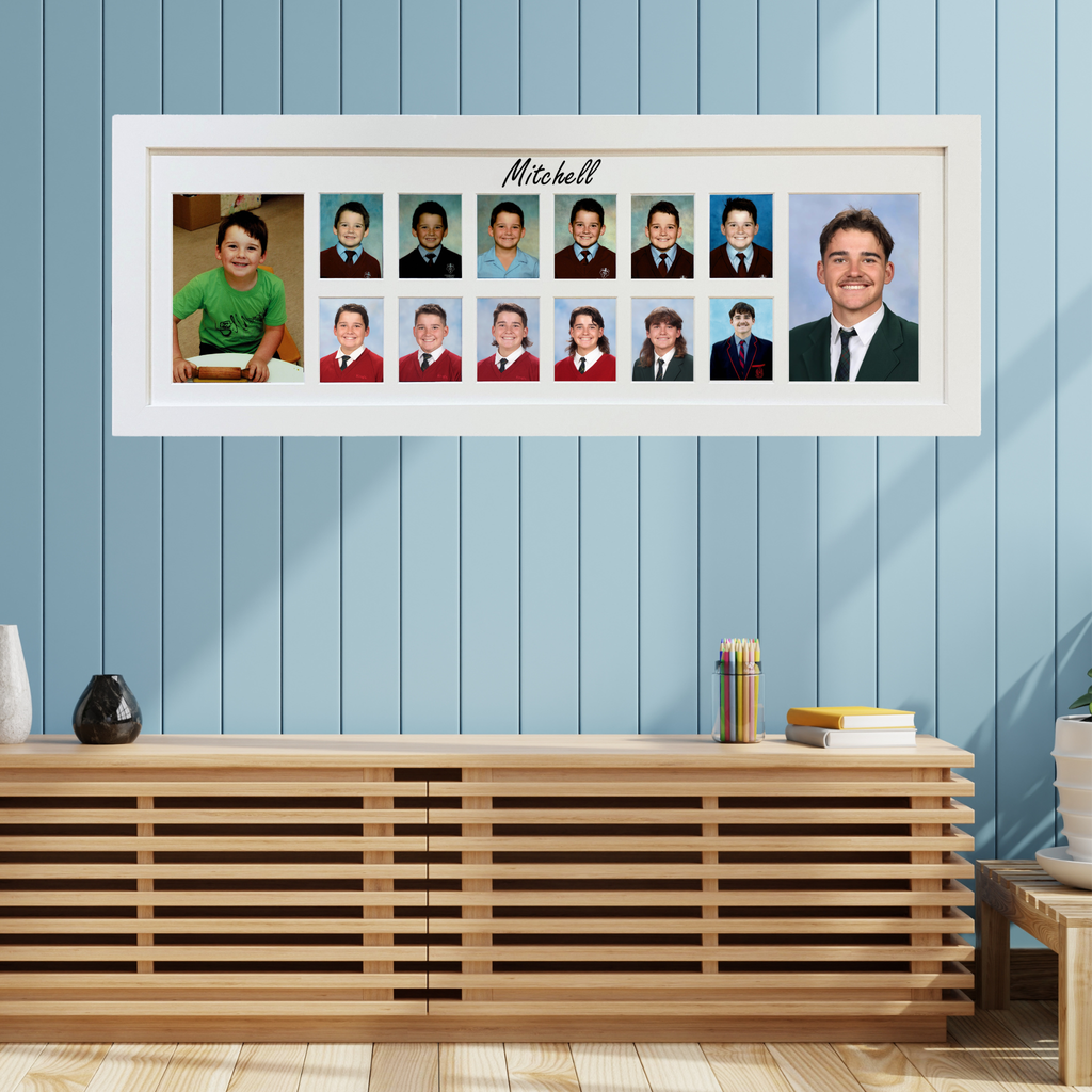 Personalised white large landscape school years photo frame including Pre-School with child name and 14 photo spaces