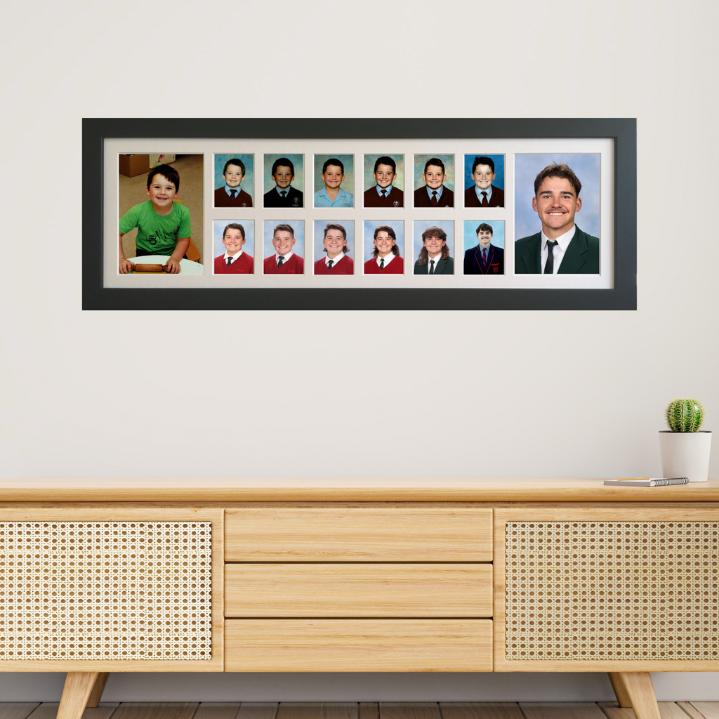 Large Landscape School Years Photo Frame displaying school portraits from Pre-School to Year 12 with large Pre-School and graduation portrait openings