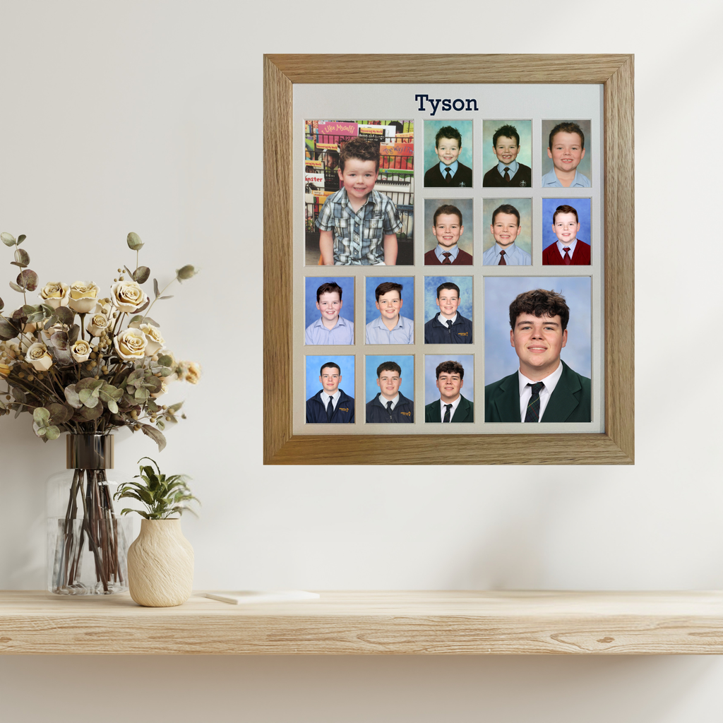 Personalised oak large school years photo frame including Pre-School with child name and 14 photo spaces