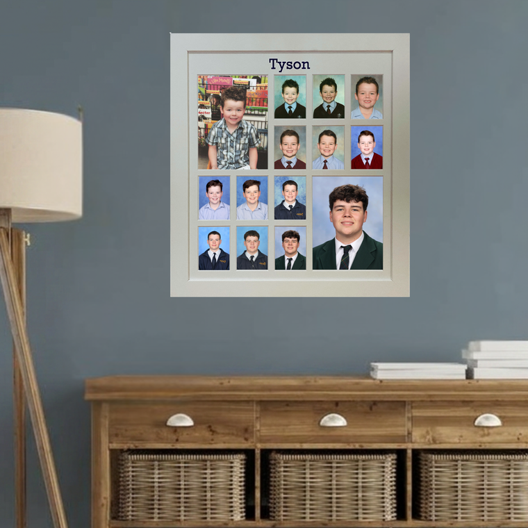 Personalised white large school years photo frame including Pre-School with child name and 14 photo spaces