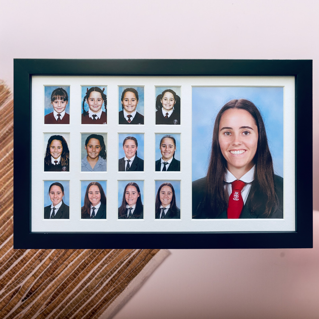 Medium school years photo frame in black, Australian made, 13 spaces Reception to Year 12, free standing or wall hung