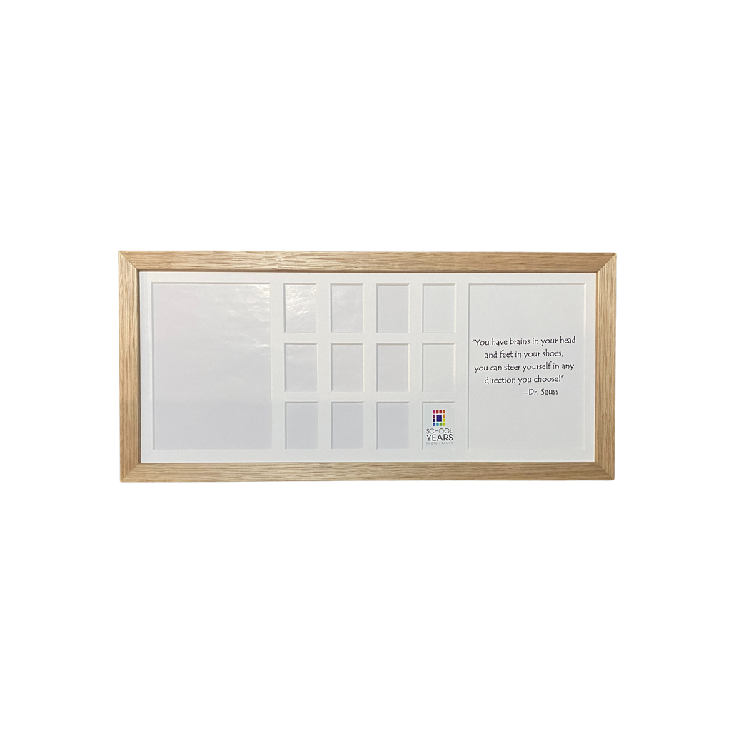 Medium school years photo frame in oak, Australian made, 14 spaces Pre-School to Year 12, free standing or wall hung