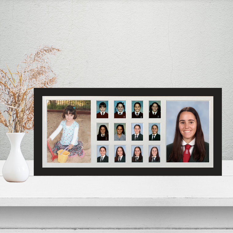 Medium school years photo frame in black, Australian made, 14 spaces Pre-School to Year 12, free standing or wall hung