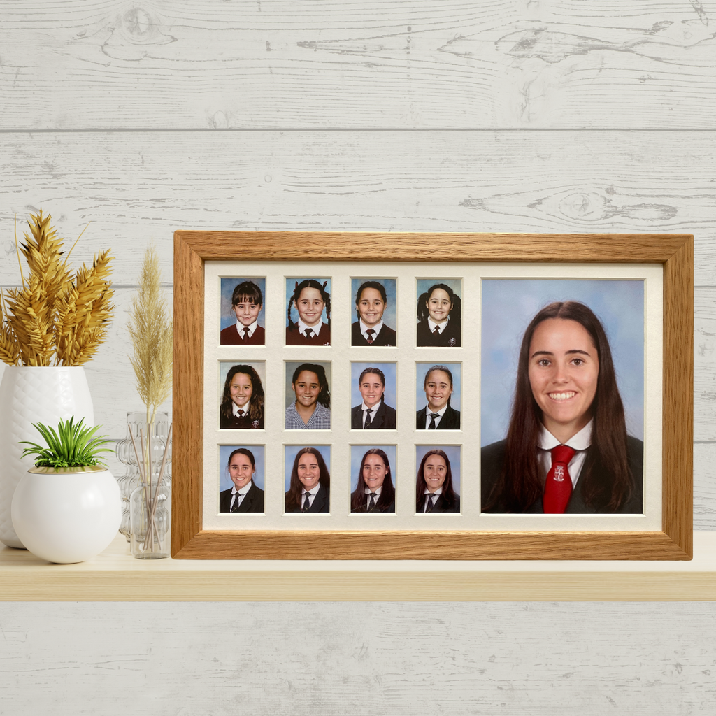 Medium school years photo frame in oak, Australian made, 13 spaces Reception to Year 12, free standing or wall hung