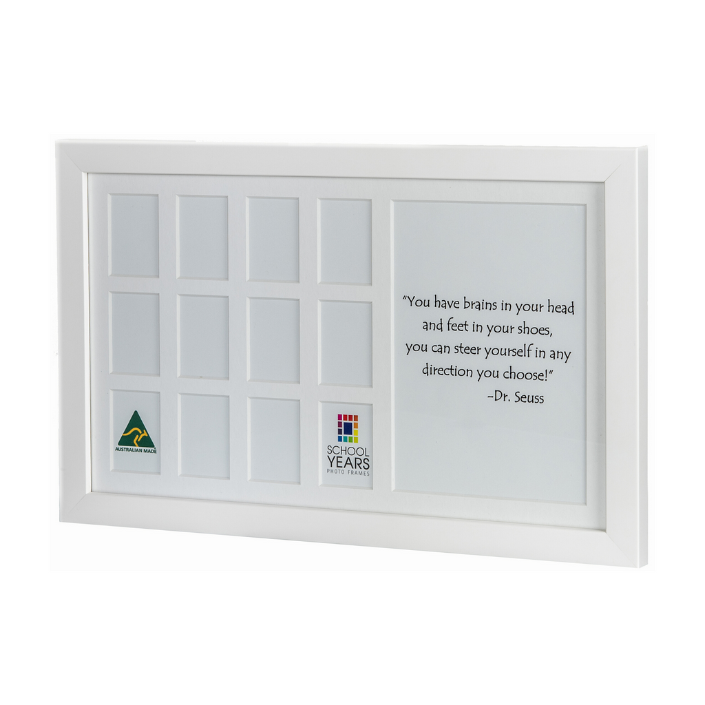 Medium school years photo frame in white, Australian made, 13 spaces Reception to Year 12, free standing or wall hung