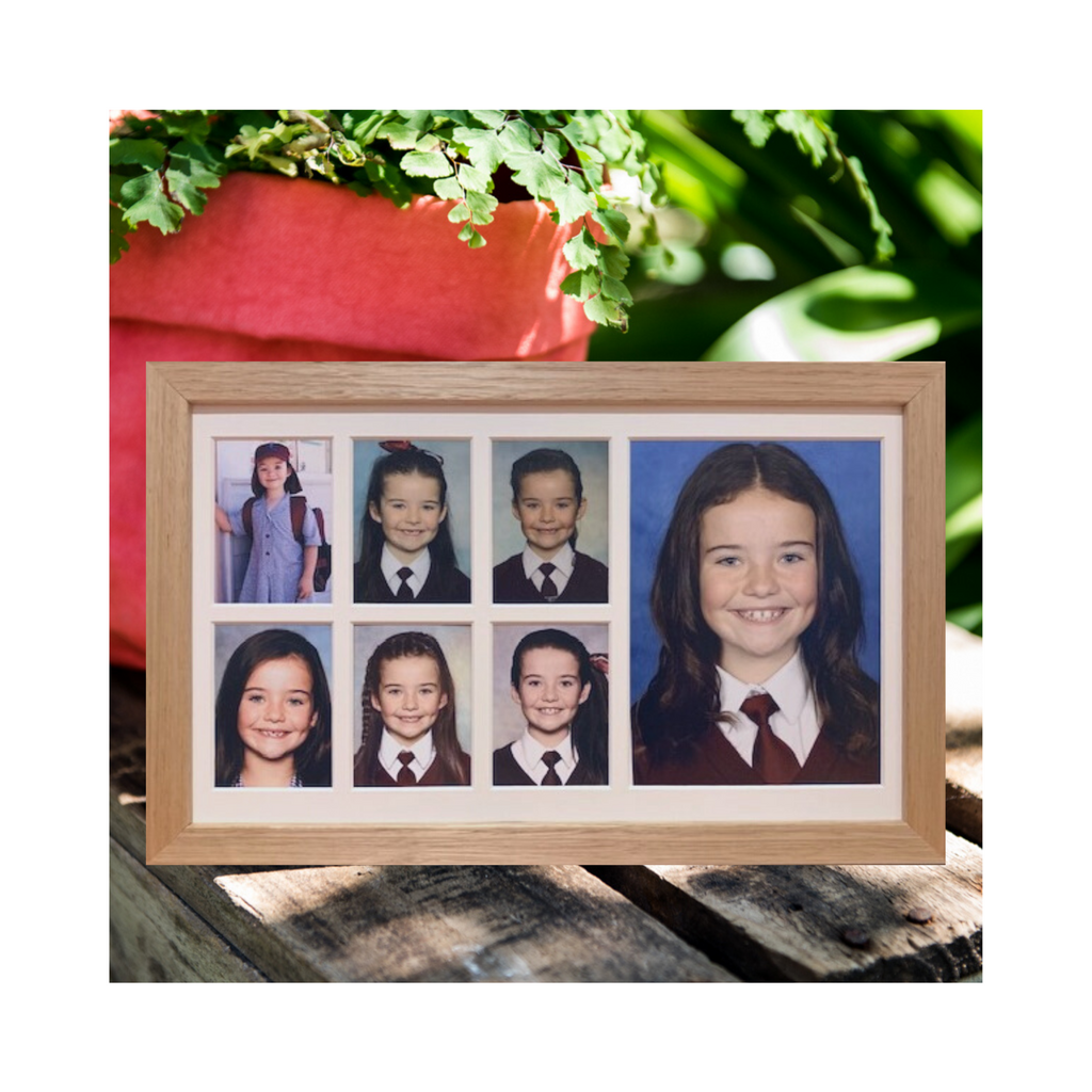 Oak Primary Years School Photo Frame with six portrait openings and one larger feature photo opening