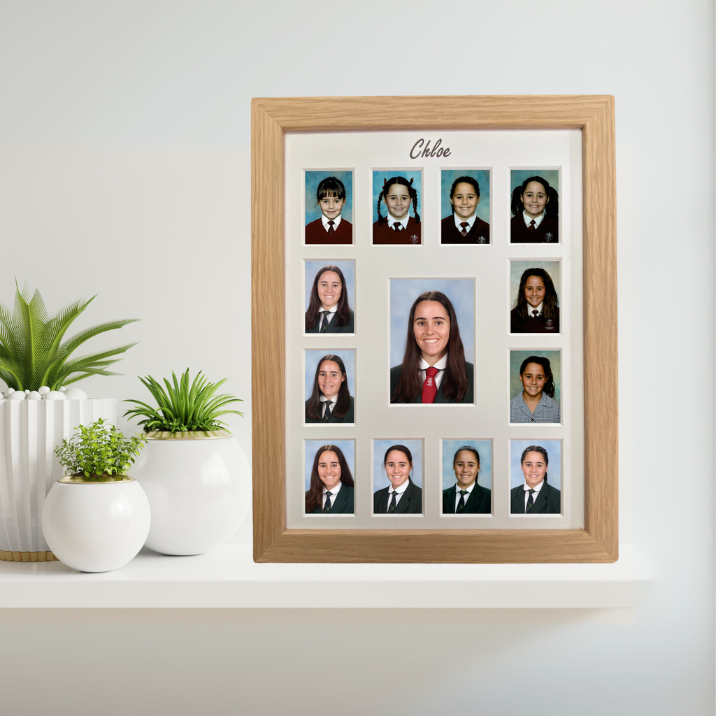 Personalised 13 space school years photo frame small size in oak, Australian made, Reception to Year 12

