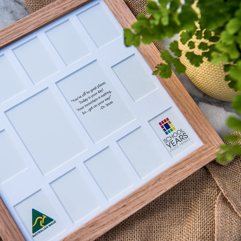 Small school years photo frame in oak, Australian made, Pre-School to Year 12, free standing or wall hung