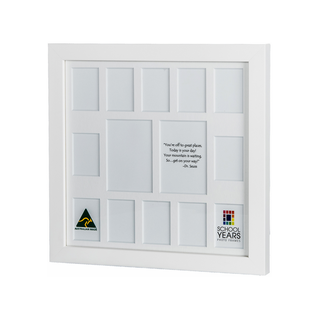 Small school years photo frame in white, Australian made, Pre-School to Year 12, free standing or wall hung