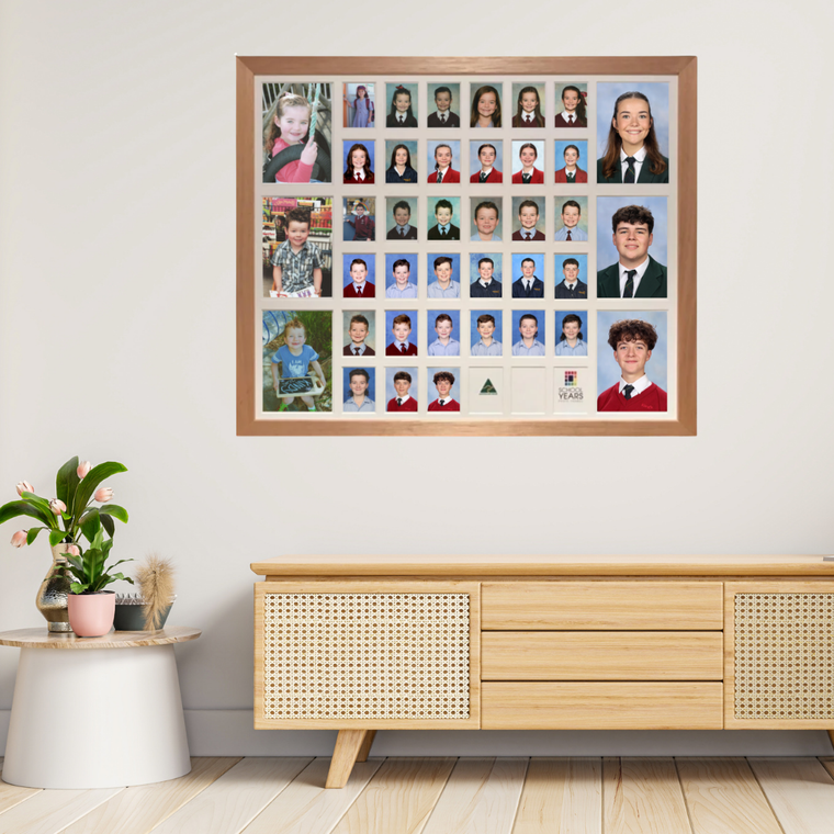 Triple large school years photo frame in oak timber, Australian made, 3 children Kindy to Year 12
