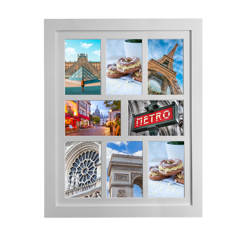 Australian made white collage photo frame displaying eight standard 4x6 inch photos