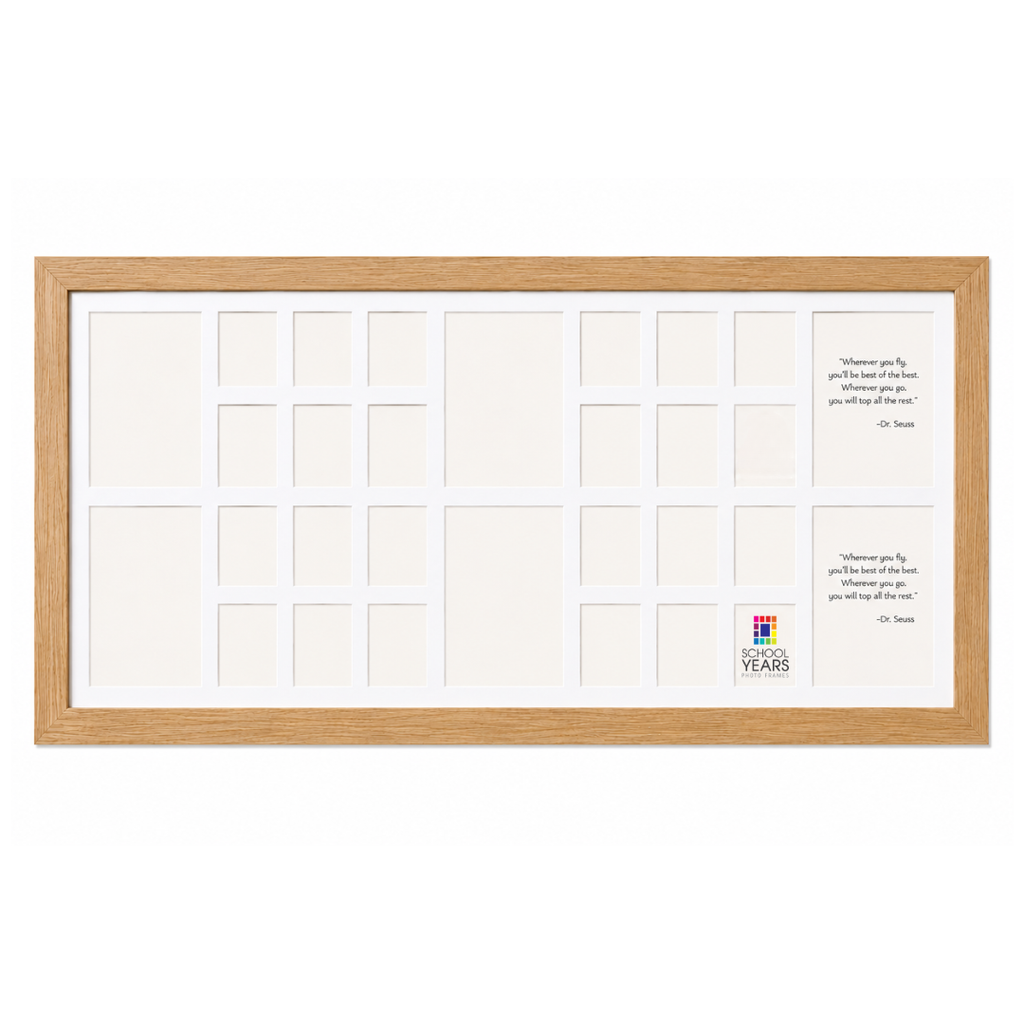 Oak Double School Years Photo Frame Milestone Edition featuring Pre-School, Primary Graduation and Year 12 Graduation portraits for two children