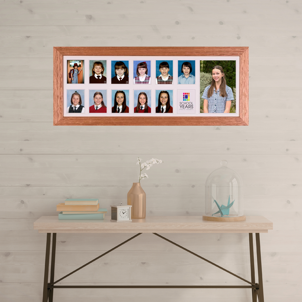 Oak Large Landscape School Years Photo Frame with twelve school portrait openings and one large feature graduation portrait