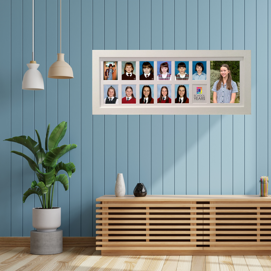 White Large Landscape School Years Photo Frame with twelve school portrait openings and one large feature graduation portrait