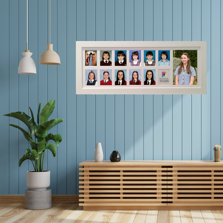 White Large Landscape School Years Photo Frame with twelve school portrait openings and one large feature graduation portrait