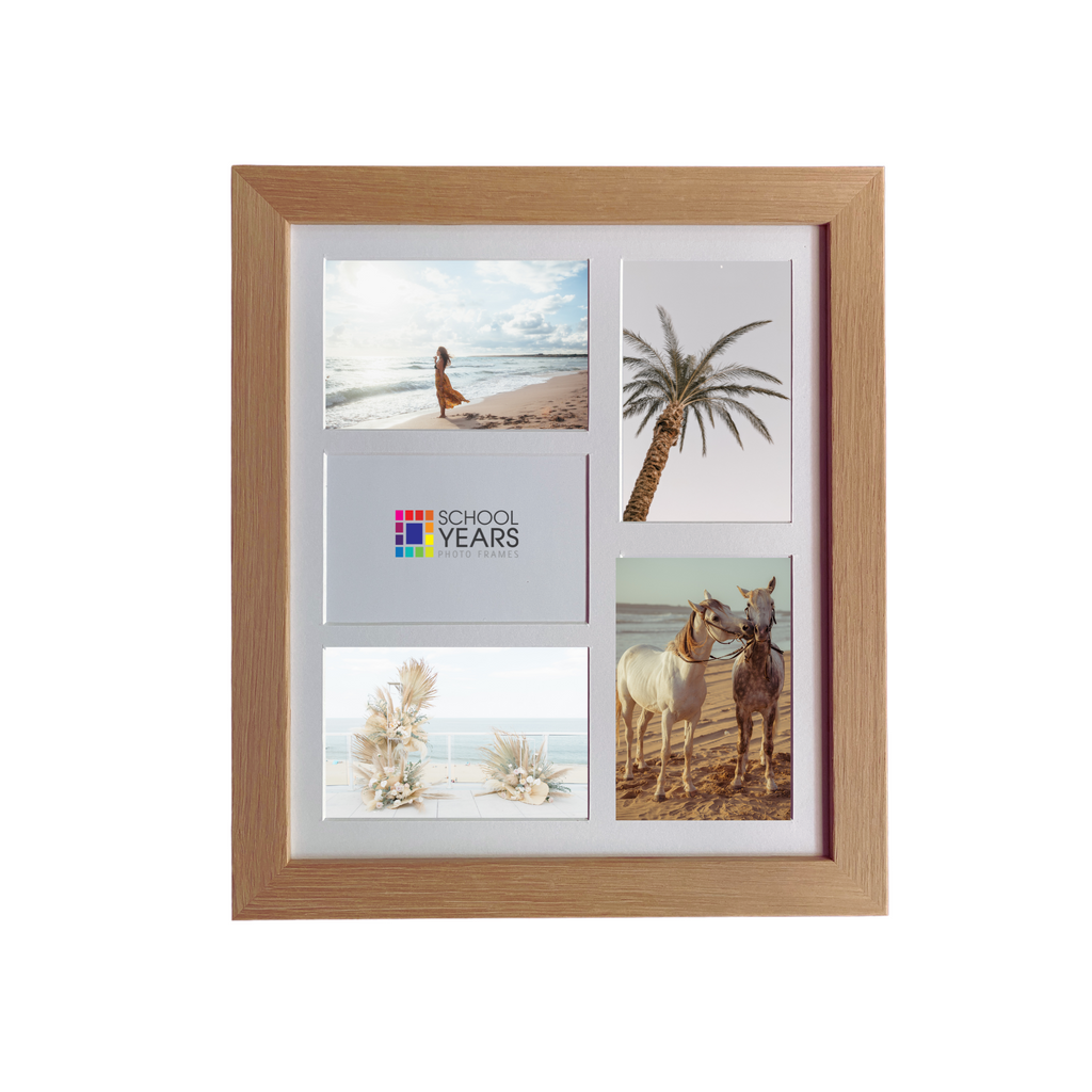 oak Australian made collage photo frame displaying five standard 4x6 inch photos