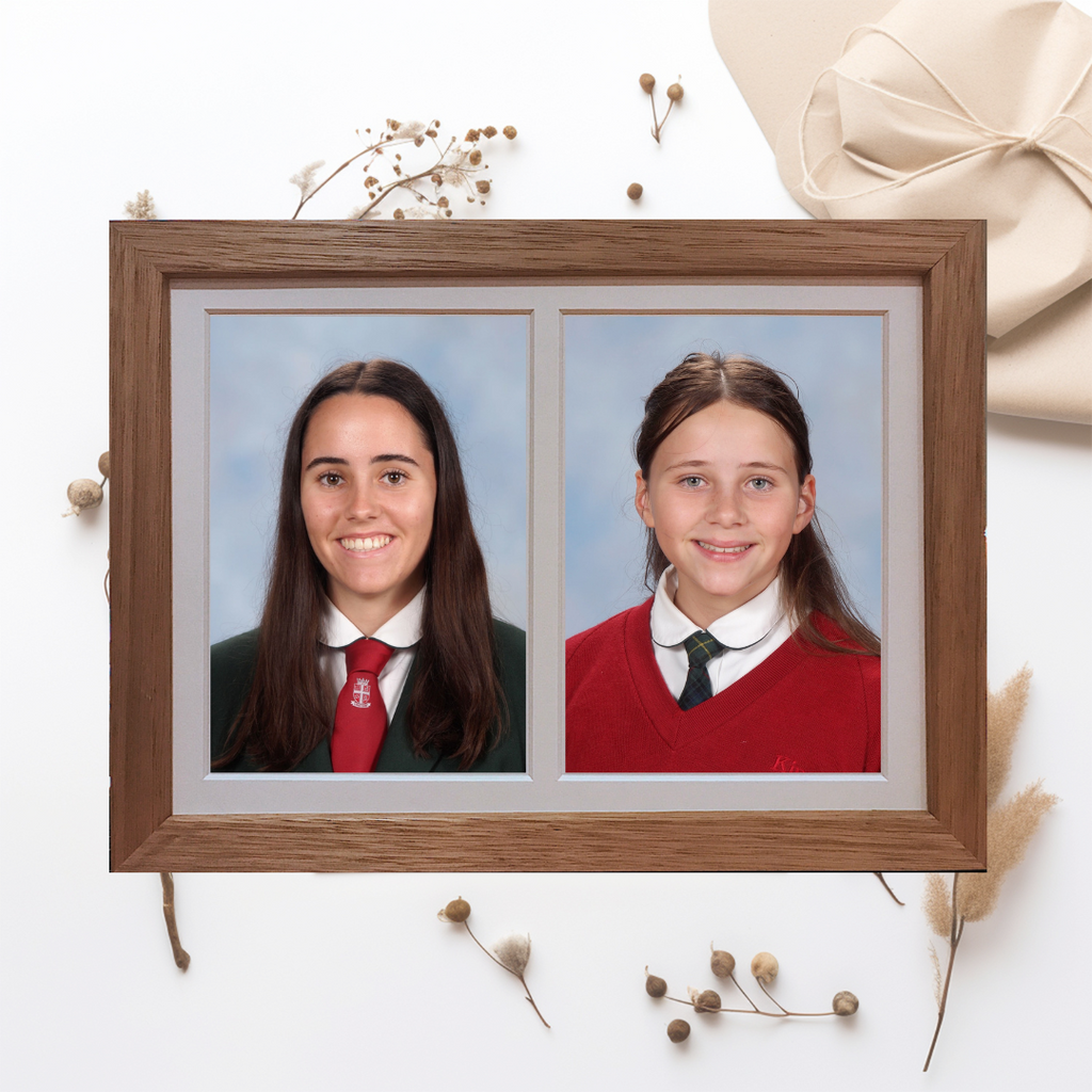 Australian made portrait photo frame displaying two 5x7 inch family or school photos