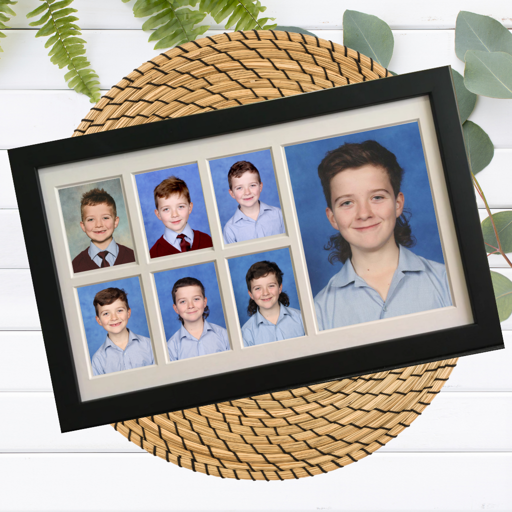 Black Primary Years School Photo Frame with six school portrait openings and one larger graduation photo opening