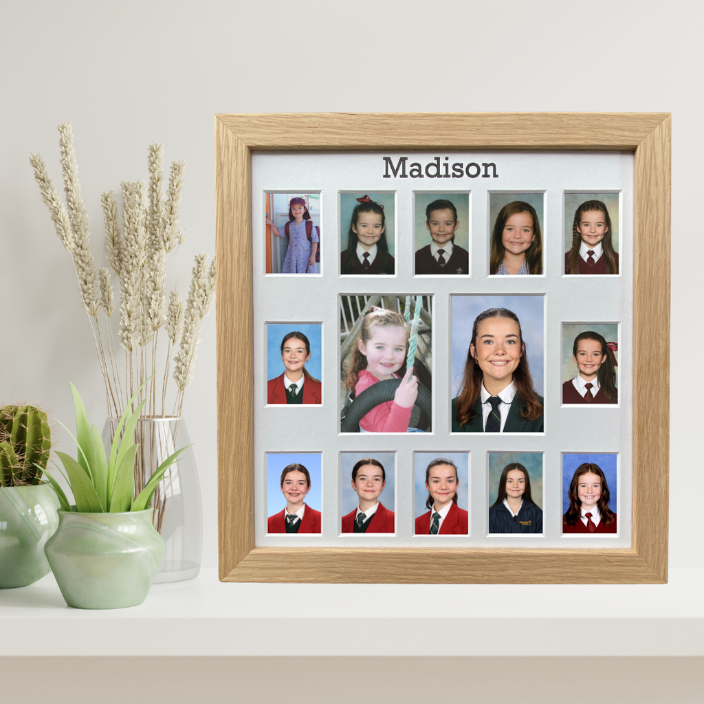 Personalised school years photo frame in oak, child's name printed, Australian made, 14 spaces Pre-School to Year 12
