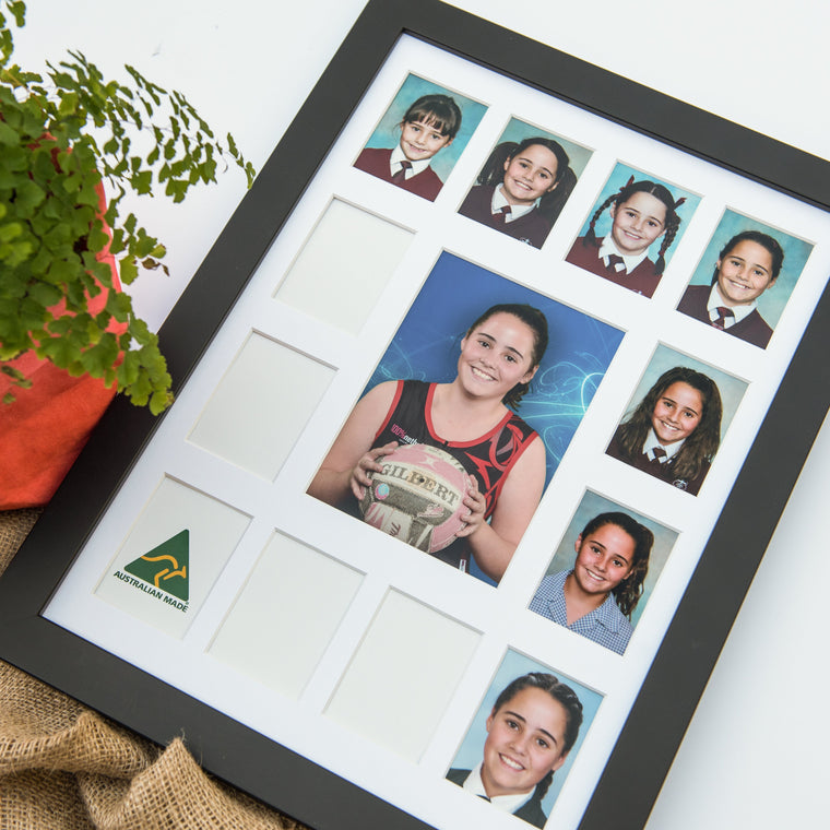 Large School Years Photo Frame displaying school portraits from Reception to Year 12 with a large centre graduation portrait – Black Frame